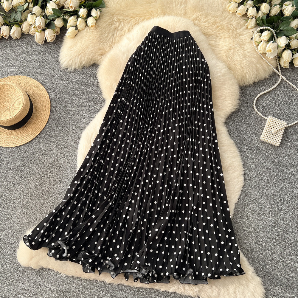 Korean-style Mid-length Polka-dot Pleated Skirt Elegant Midi Skirt