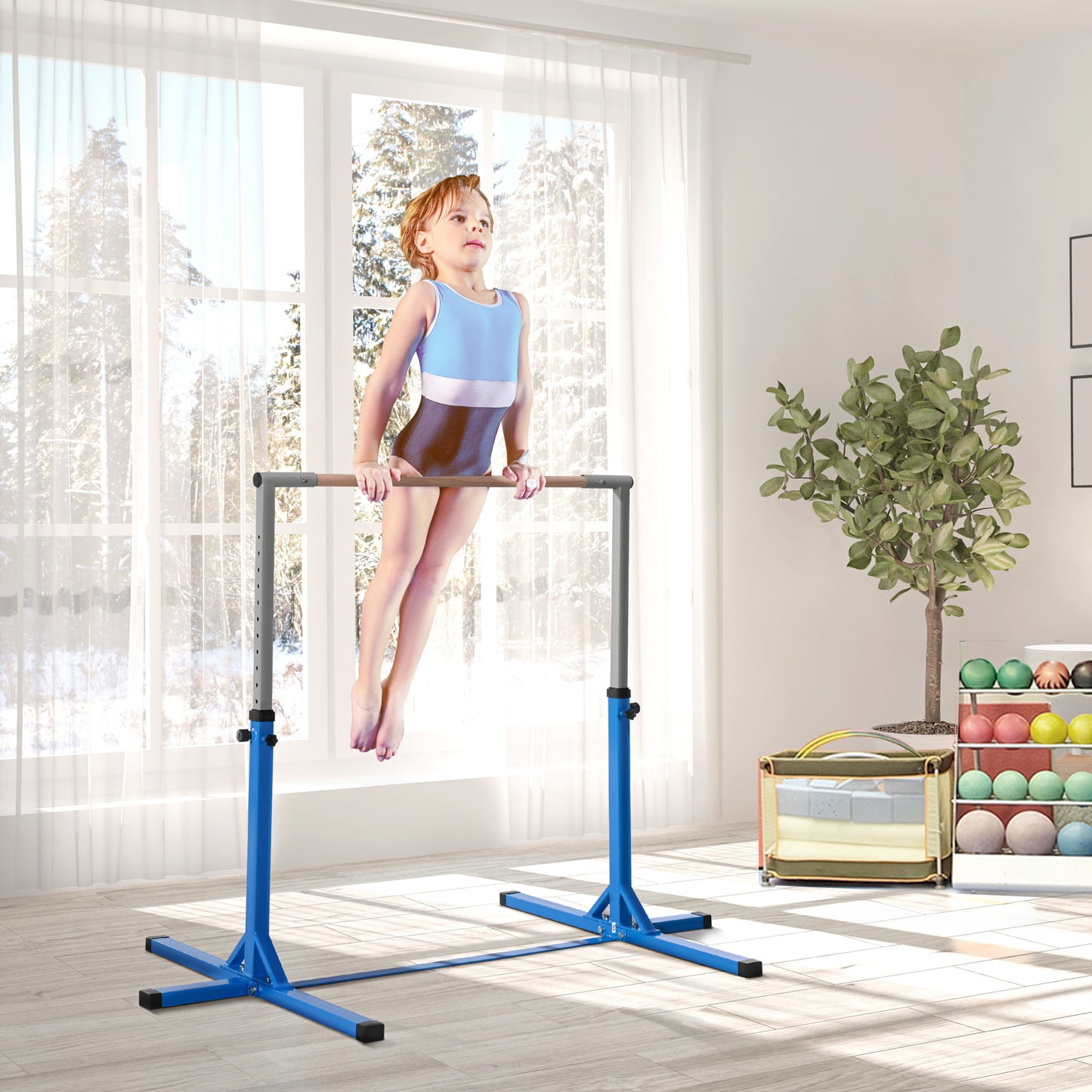 Height Adjustable Gymnastics Horizontal Bar For Kids, Children Junior Kip High Bar Fitness, Blue