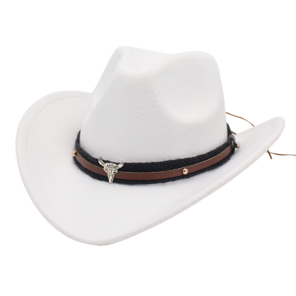 Retro American Western Cowboy Hat - Silver Bull Head Wide Brim Felt Hat  Knitted Headband, Suitable For Outdoor Riding, Traveling And Photography