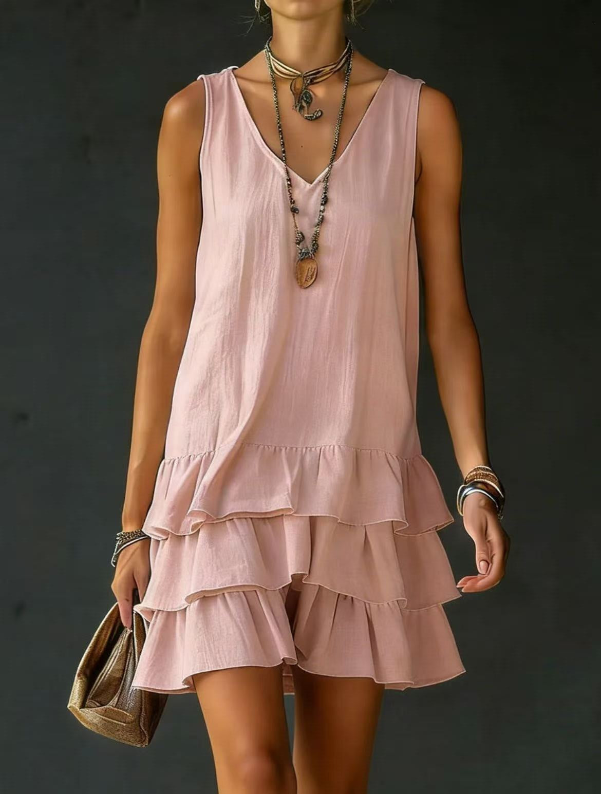Spring Summer Fashion Women Solid Color Loose Casual Tank Dress With Side Pockets
