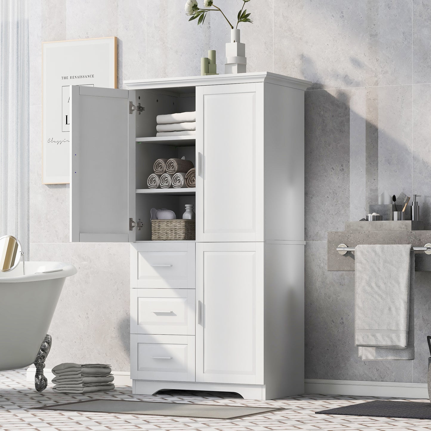 Tall And Wide Storage Cabinet With Doors For Bathroom Office, Three Drawers, White