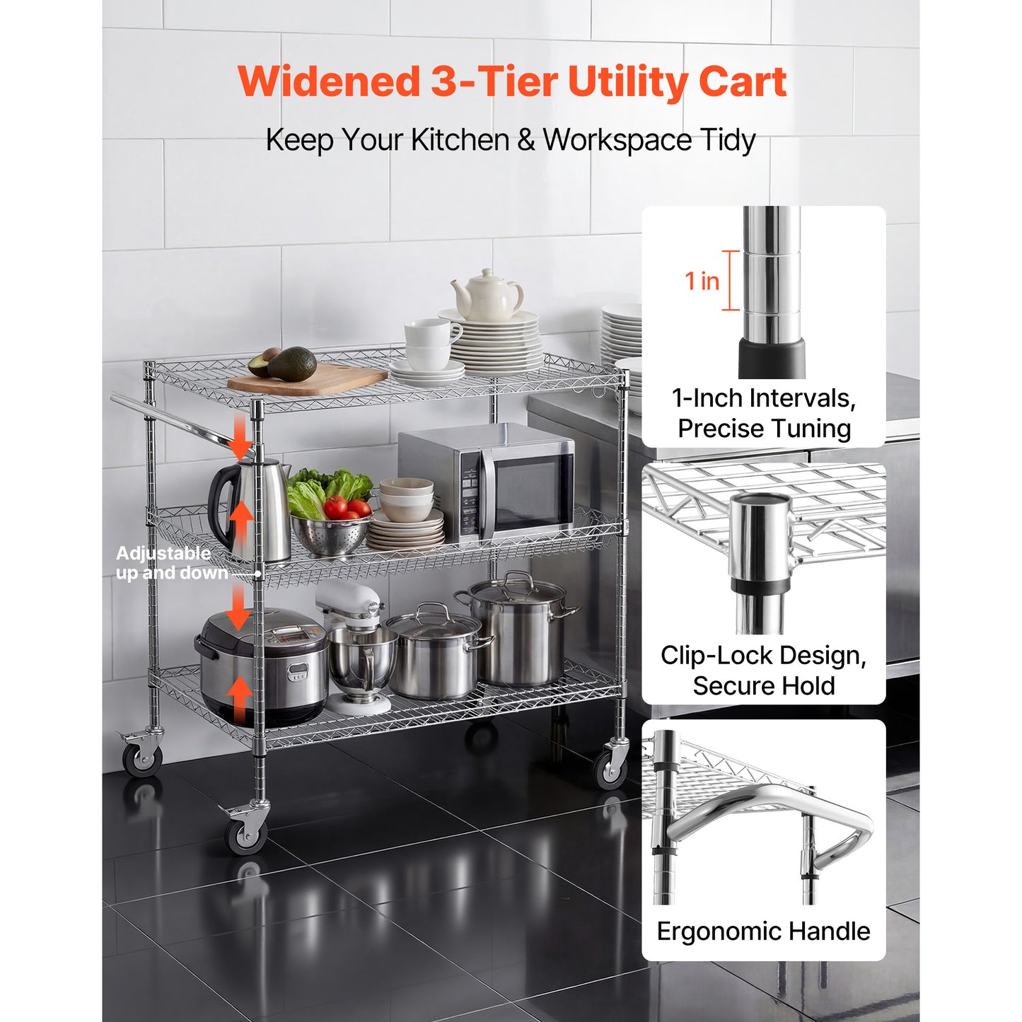 Kitchen Utility Cart, 3 Tier Heavy Duty Adjustable Wire Storage Rack, Commercial Steel Rolling Service Trolley On Wheels, Work Table With Handle Bar, For Garage And Laundry Room, 40x25x40.9 In