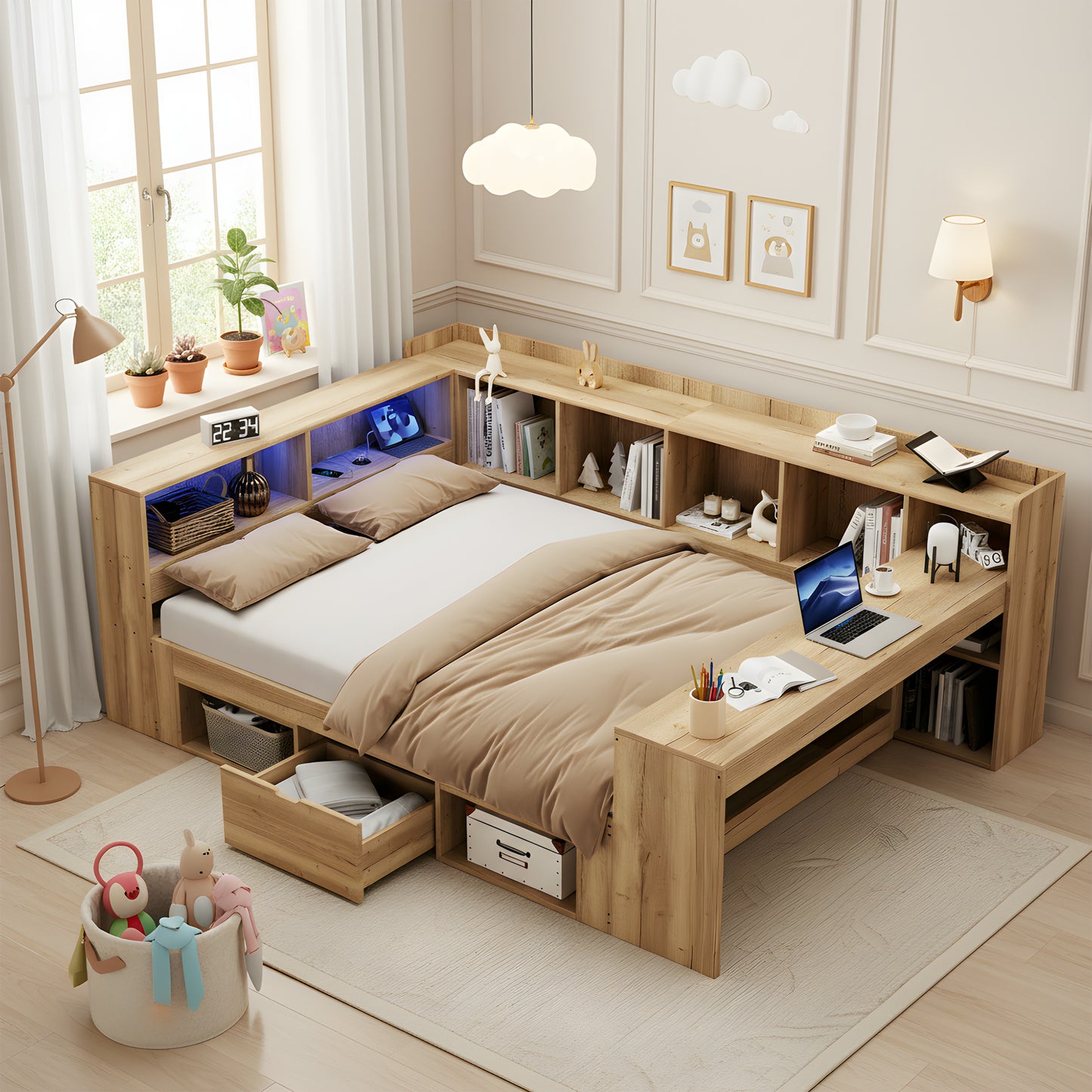 Children's Bed, Storage Bed 140x200 With LED Lighting, USB Charging Ports And Desk, Single Bed, Daybed, L-shaped Wooden Platform Bed, Daybed With Shelves & Drawers, Natural Colour