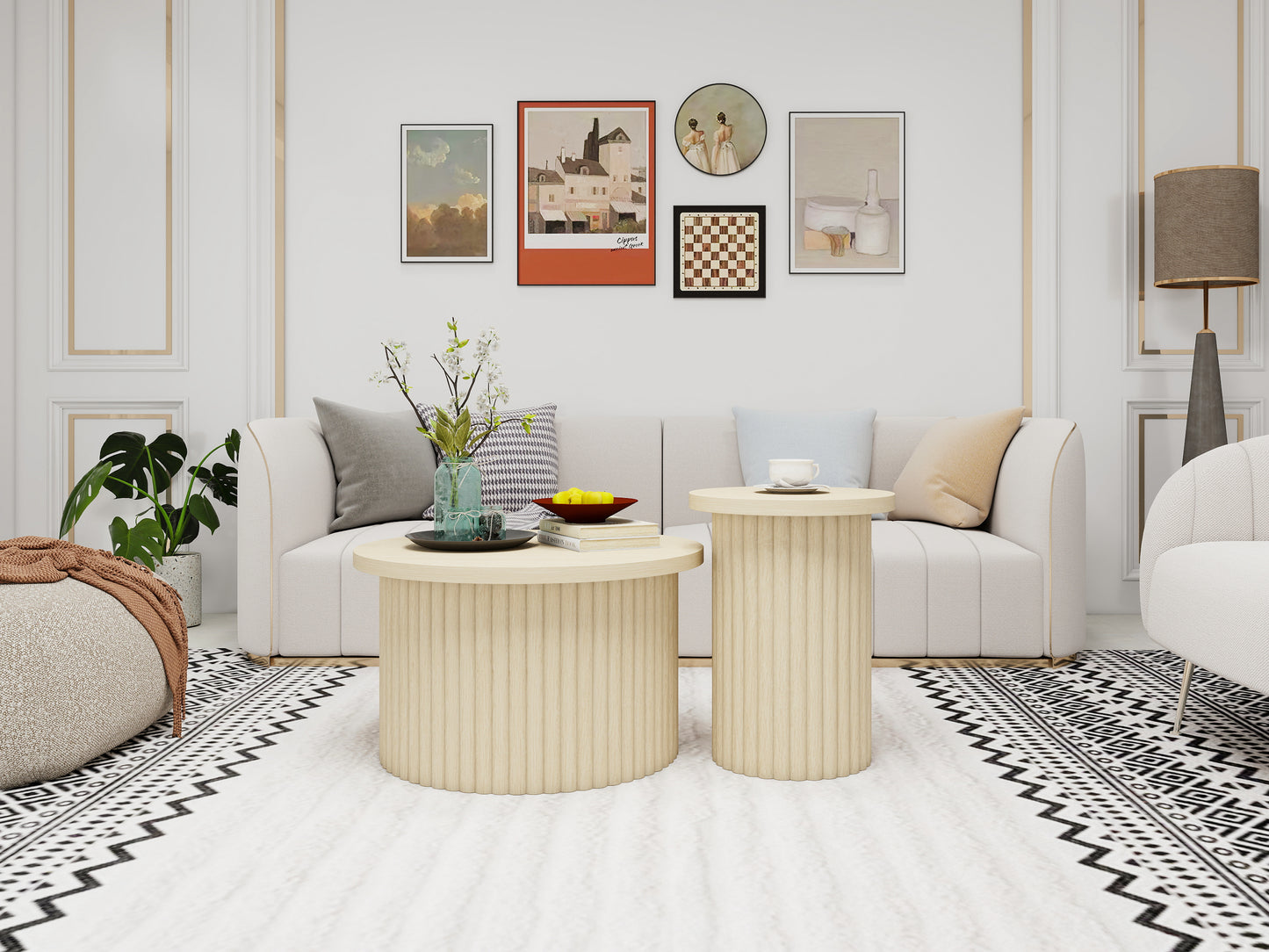 Round Coffee Table Set In 2 Pack With Natural Wood Effect And Wavy Structure - Integrated Side Table, Ideal For Living Room, Bedroom, Study Or Office