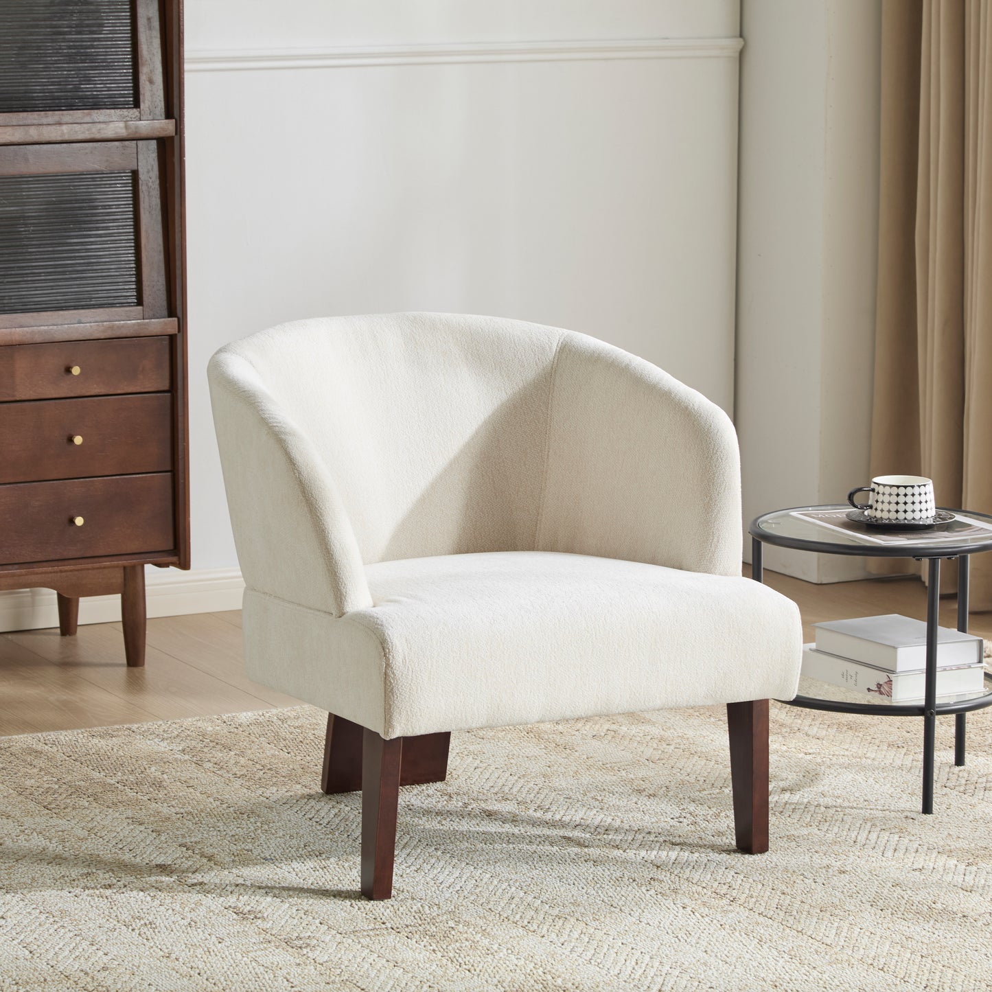 Modern Accent Chair With Round Back & Wooden Legs - Mid-Century Inspired Lounge Chair For Living Room, Bedroom, Or Office - Soft Fabric Upholstery