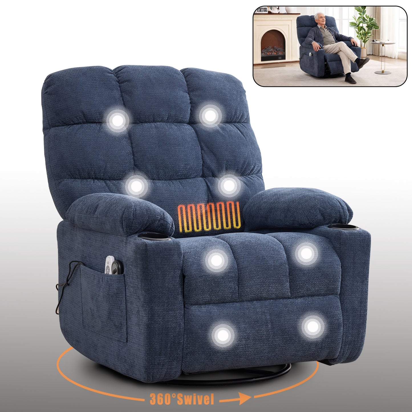 Heat Massage Manual Recliner Chair With Rocker And Swivel In Fabric For Living Room, Blue