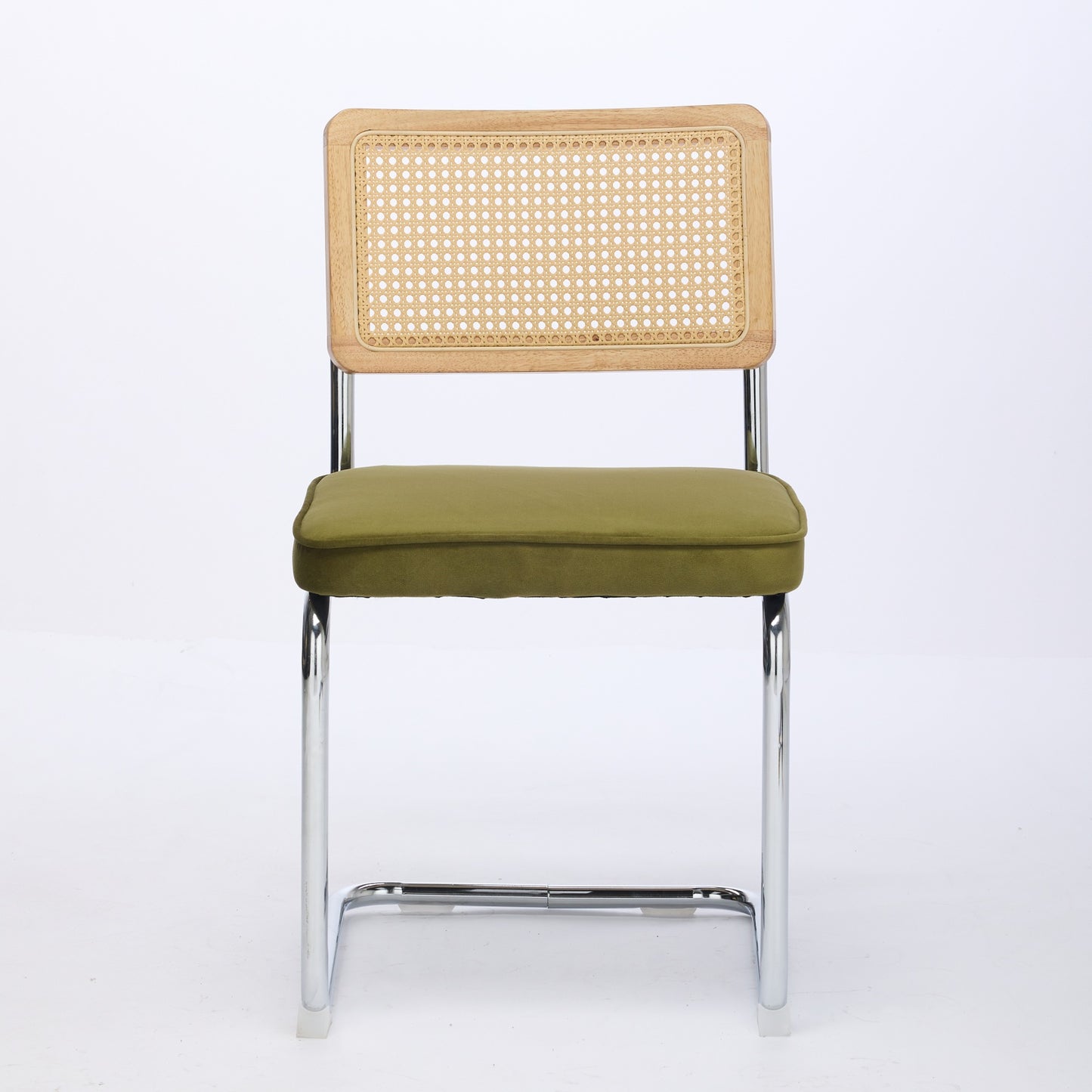 Mid Century Modern Dining Chairs Set Of 2, Velvet Accent Chairs With Natural Cane Back & Stainless Chrome Base, Famous Breuer Designed Chairs, Upholstered Rattan Kitchen Chairs,Olive Green, DE1851OL