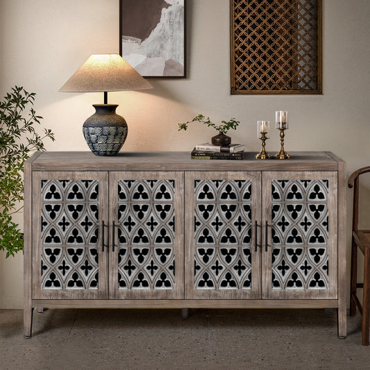 Hollow Four Door Antique Cabinet, American Country Style, Suitable For Living Room, TV Cabinet, Kitchen  Brown