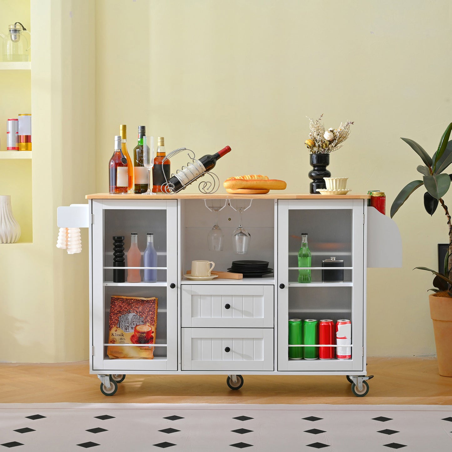 Kitchen Island Cart Rolling On Wheels With 13 Storage Areas Drop Leaf Bar Countertop Side Open Condiment Rack Tower Rack Extra Storage Table Modern White