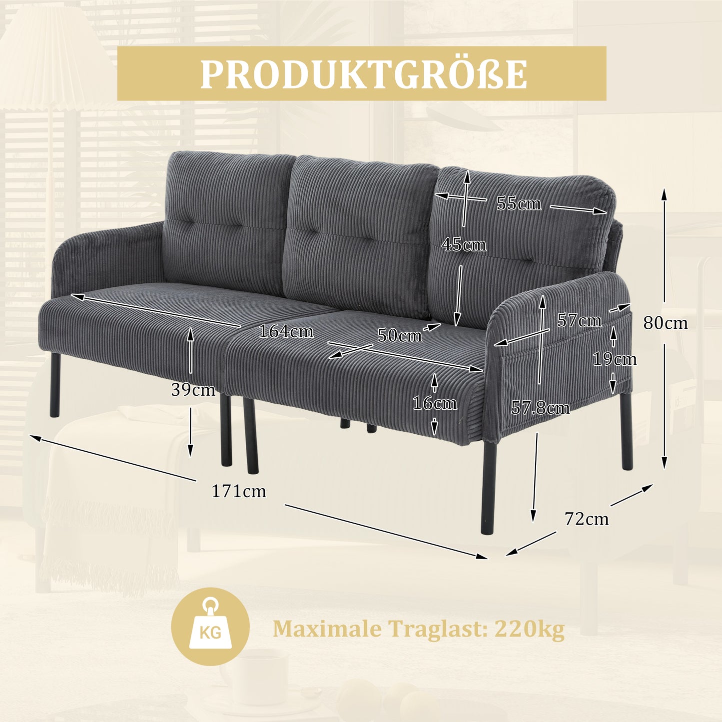 Corduroy Three-seater With Soft Comfort Upholstery, High Backrest And Practical Side Pockets. Sturdy Metal Feet And Sturdy Construction. Versatile For Living Room, Bedroom Or Home Office.