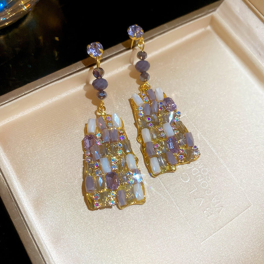 Korean Cute Purple Crystal Flower Earrings Women Premium Elegant Studs Versatile Everyday Wear