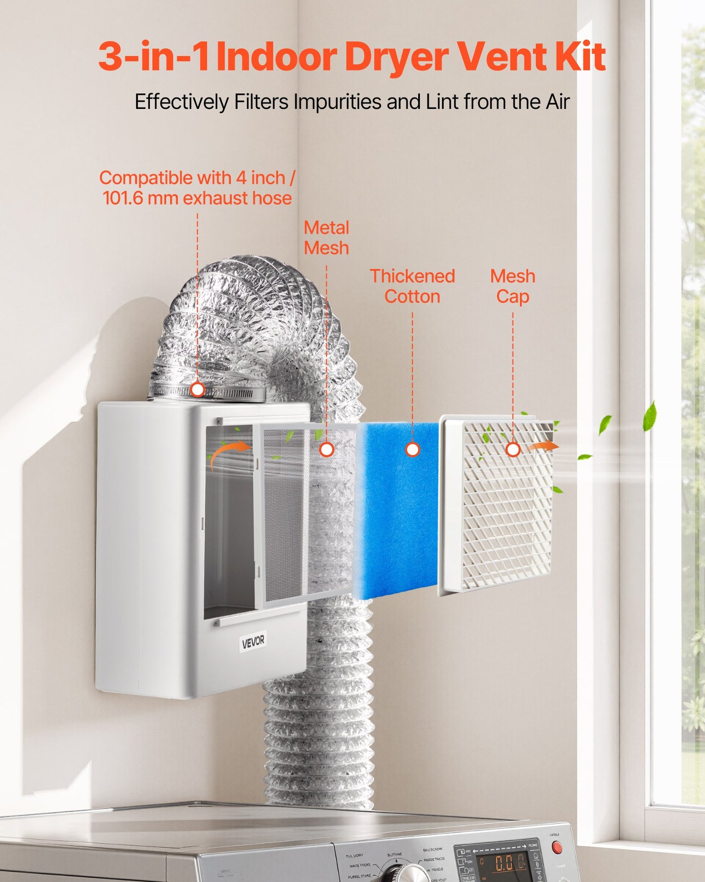 3-in-1 Indoor Dryer Vent Kit,Premium ABS Material Fits 4 Inch Exhaust Port, Smart Overheating Reminder Exhaust Hood & Easy-to-Detach Mesh Cap & Multi-layer Purification With 4 Replacement Pads