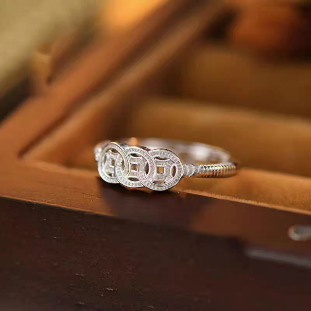 1pc 999 Sterling Silver Zircon Inlaid Coin Open Ring, Retro & Lucky Design, Perfect For Daily, Festivals & Gifting, Ideal Valentine's Gift