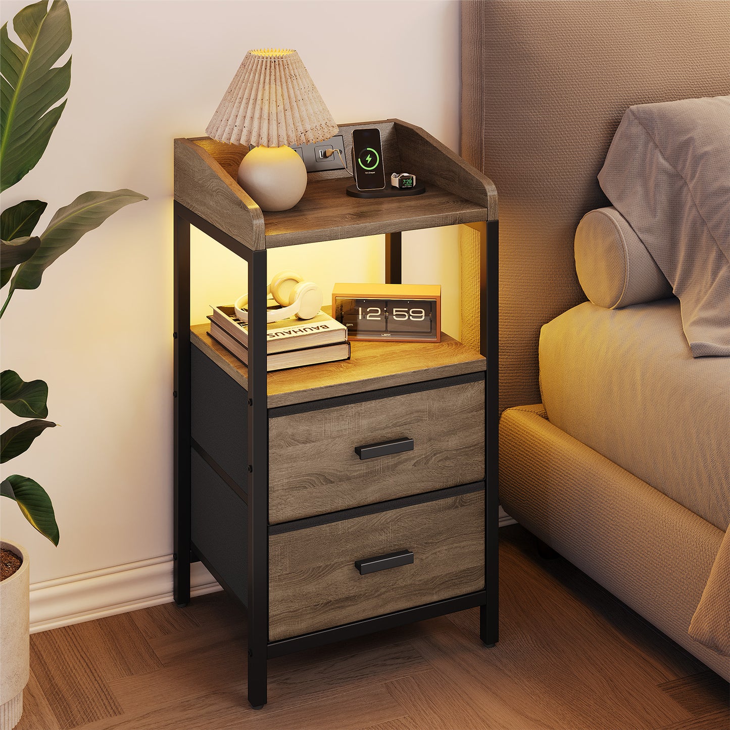 Nightstand With Charging Station Modern Bedside End Side Table With Guardrail Storage Shelf 2 Fabric Drawers USB Ports AC Outlets