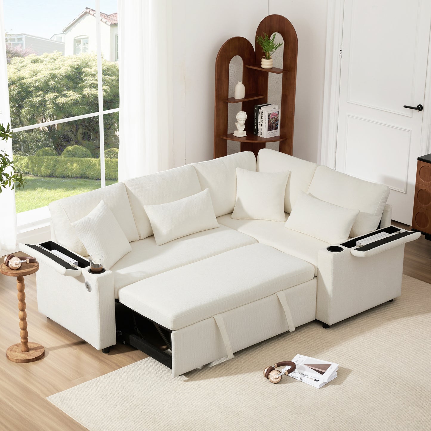 L-shaped Pull-out Corner Sofa, Canape Convertible With Storage, Cup Holder, USB Charging Port, Armrest Rest And Four Cushions. Suitable For Living Room, Guest Room, Home Theaters And Living, Beige