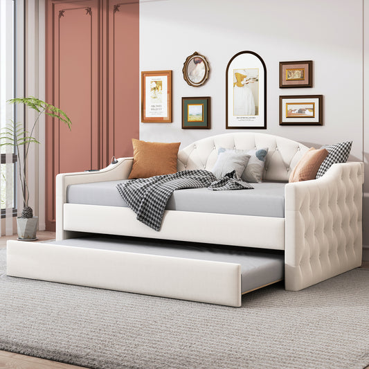 Twin Size Tufted Upholstered Daybed With Trundle ,Velvet Sofabed With USB&Type-C Charging Ports,No Box-spring Needed, Beige Old SKU  HL000088AAA