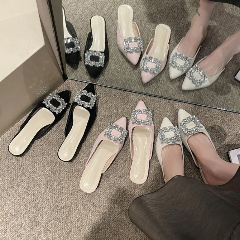 New Pointed-toe Rhinestone Chunky-heel Slip-on Sandals
