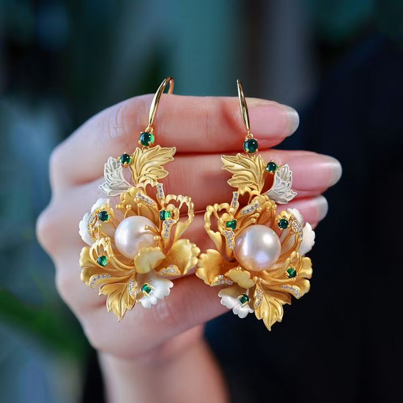 New Chinese Style Filigree Peony Pearl Earrings For Women, Ancient Vintage Ear Jewelry Matching Hanfu & Cheongsam