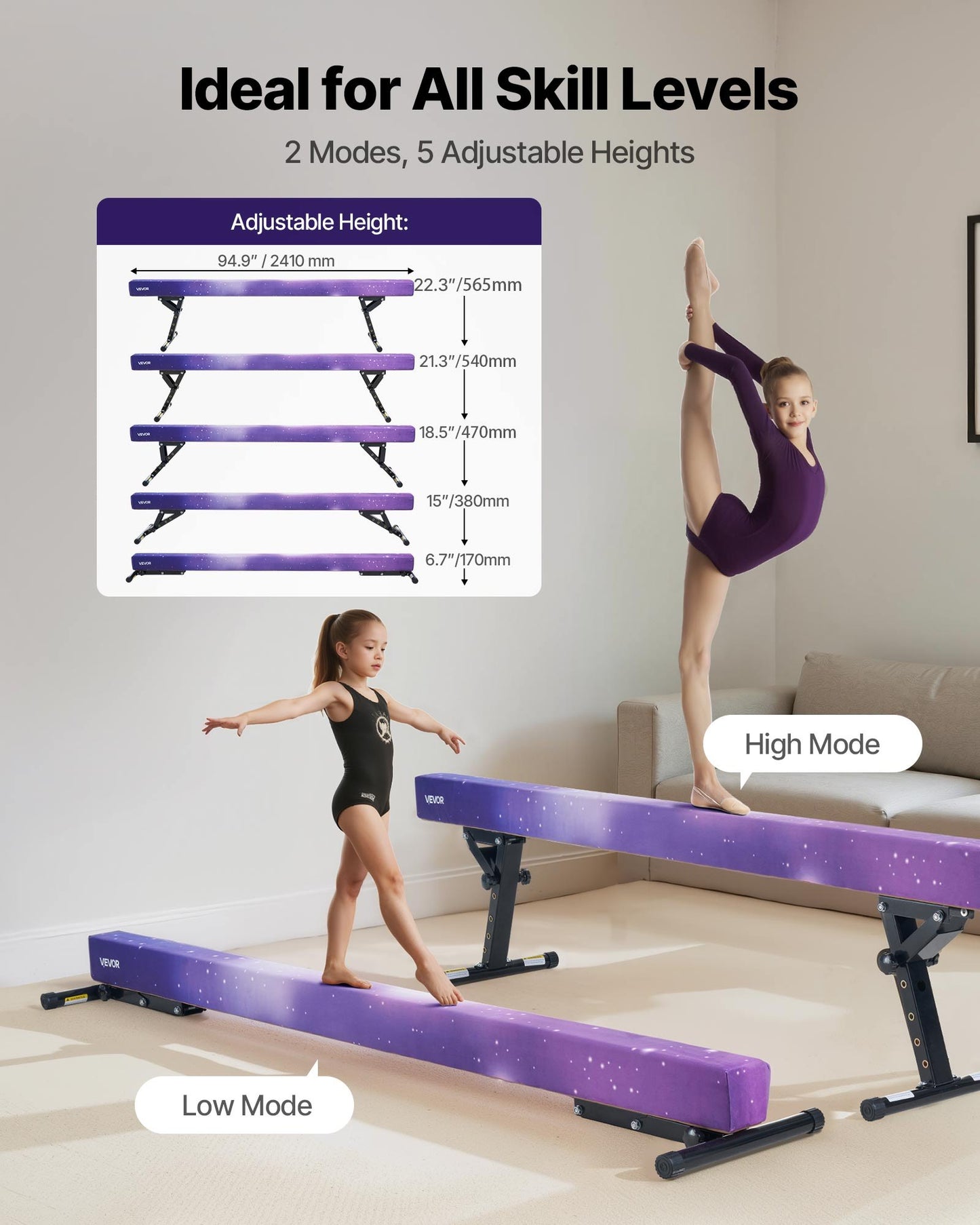 Adjustable Balane Beam For Kids, 8FT Gymnastics Beam, High And Low Floor Beams Of 5 Adjustable Heights For All Gymnastic Levels, Professional Gymnastic Equipment For Home And Gym Center, Galaxy