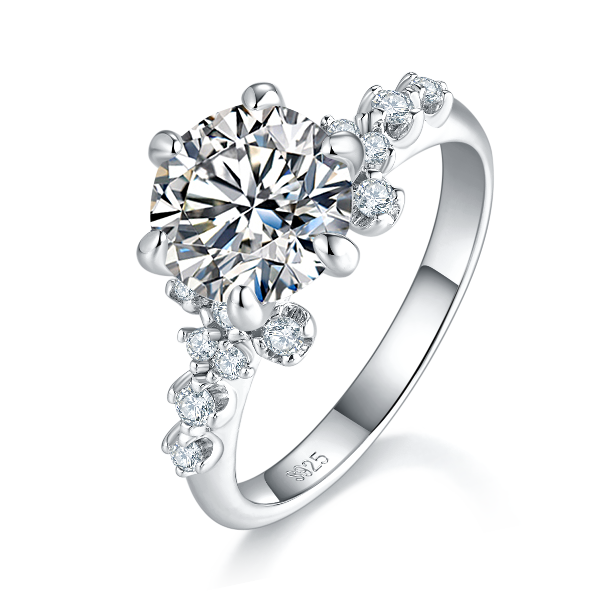 S925 Sterling Silver 2ct Moissanite Ring, 8mm D-VVS1 Round Cut With Floral Accent Band, Platinum Plated US Sizes 5-9, GRA Certified Gift Box