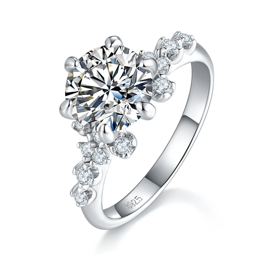 S925 Sterling Silver 2ct Moissanite Ring, 8mm D-VVS1 Round Cut With Floral Accent Band, Platinum Plated US Sizes 5-9, GRA Certified Gift Box