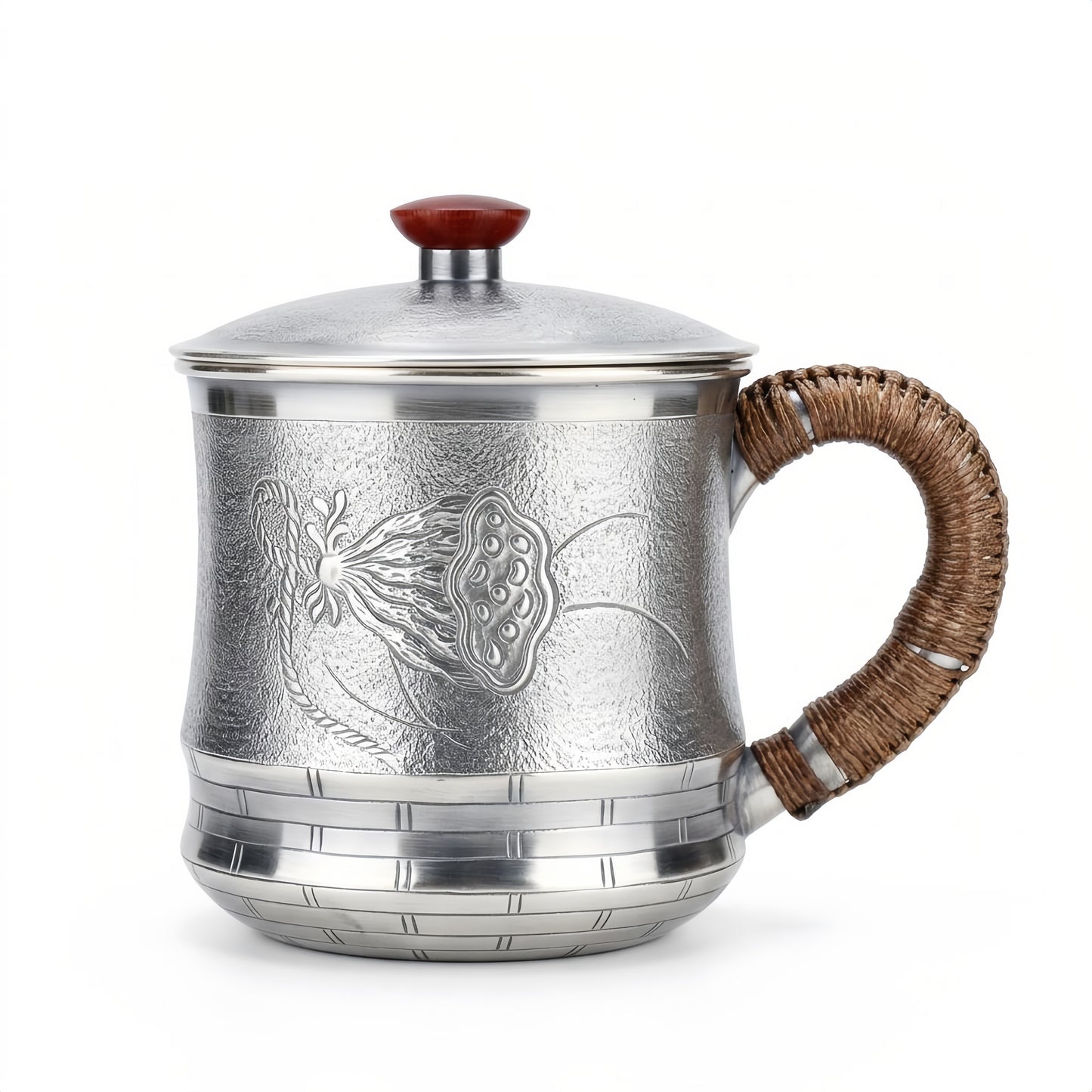 Pure 999 Fine Silver Elegant Handcrafted  Mug with Wooden Handle and Rattan Accent-Premium Tea Mug - Handicraft