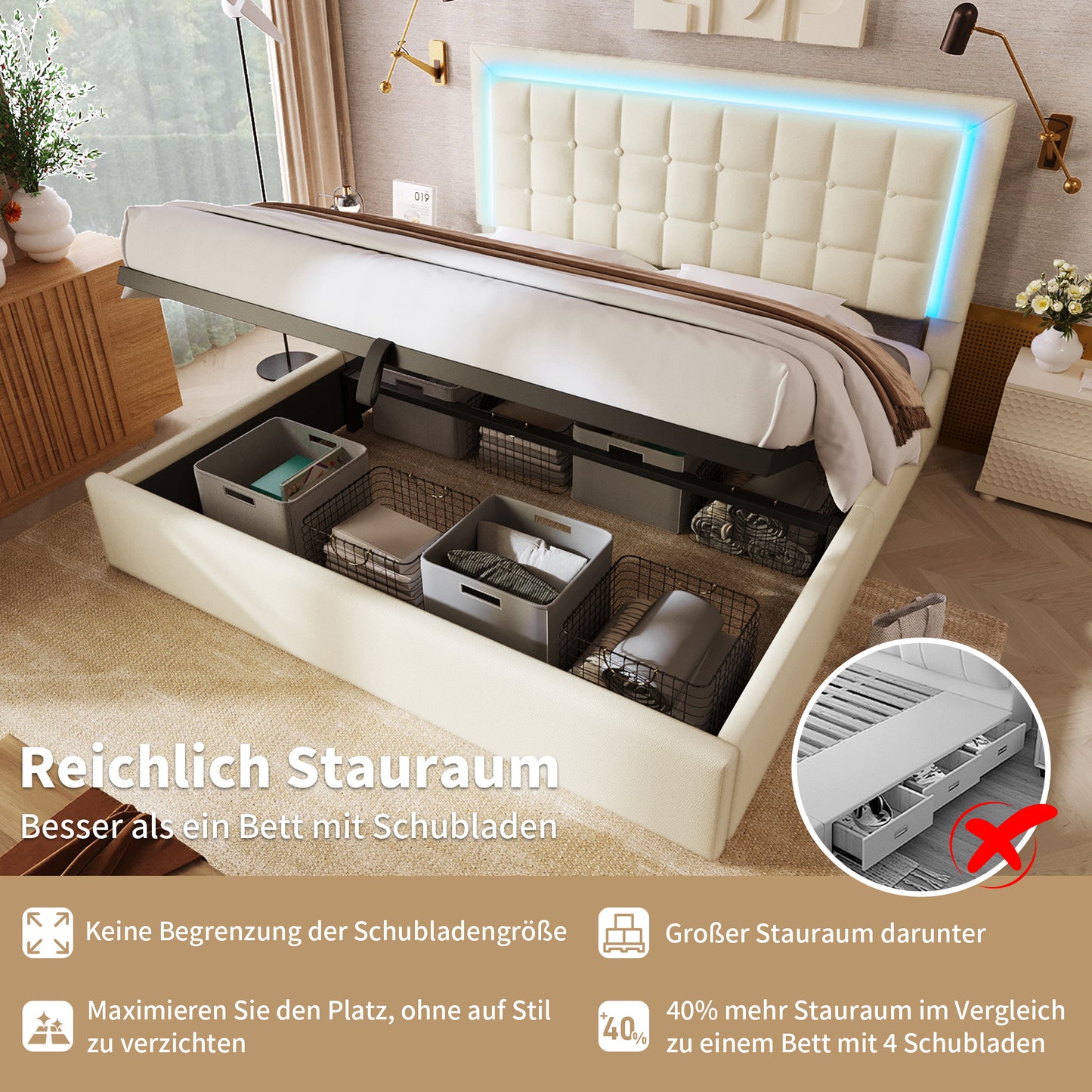 061415AAW Upholstered Bed With Slatted Frame And Storage Space Double Bed Incl. LED Lighting Strip Bed Frame 160x200cm, Storage Bed Functional Bed Cover Made Of Imitation Leather White, Without Matt