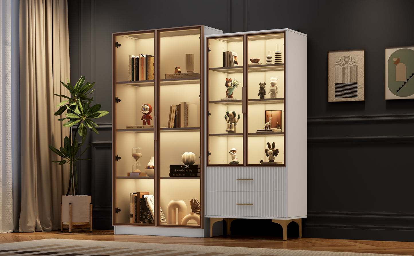 Modern Living Room Set Two White Glass Display Cabinets With LED Lighting And Adjustable Shelves, Color Scheme In Platinum - Living Room Highboards, Sideboards, Standing Display Cabinets, Display Cab