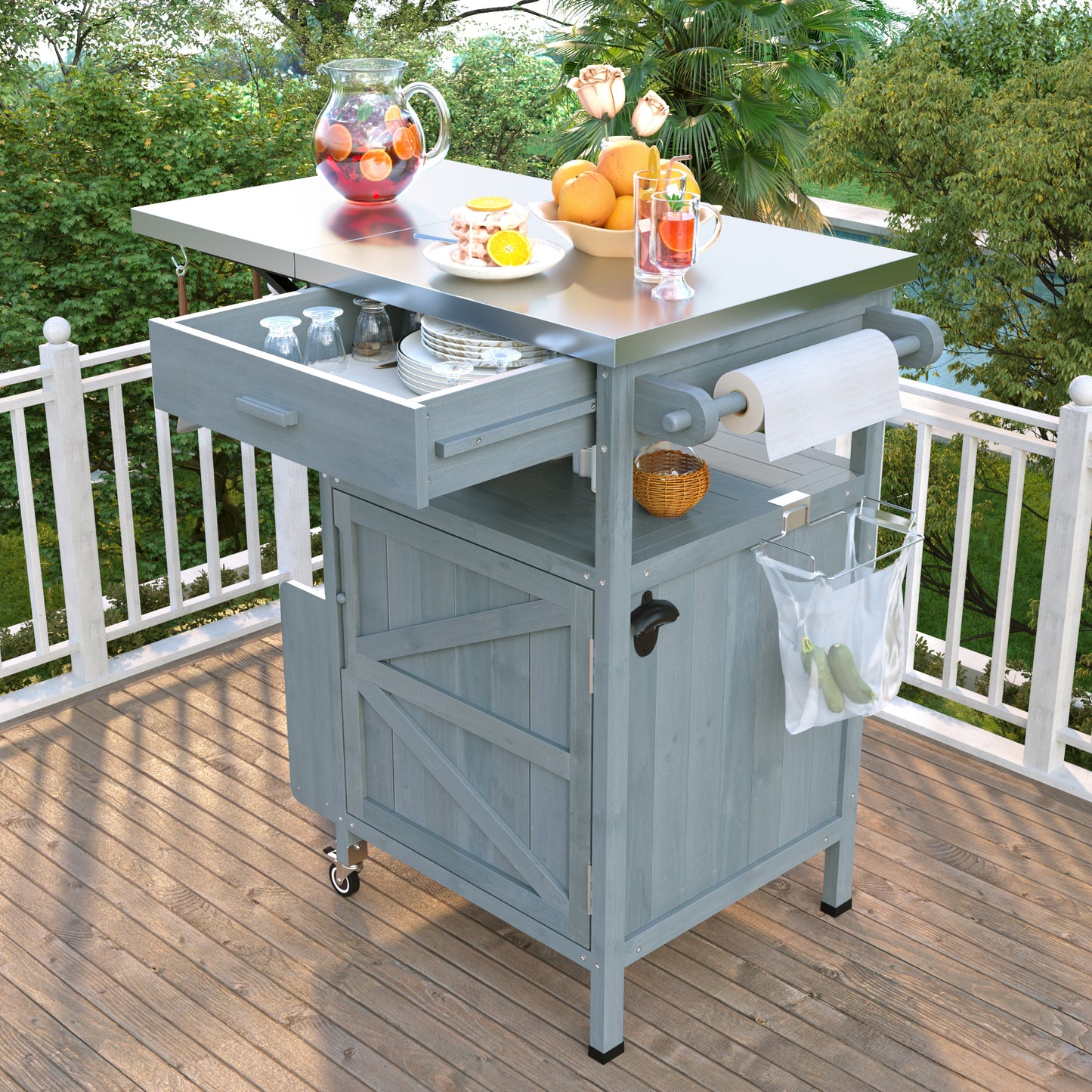 K&K 40.5  Outdoor Grill Cart With Stainless Steel Top, Solid Wood Outdoor Storage Cabinet With Drop Leaf, One Drawer, Towel Rack, Rolling Kitchen Cart With Lockable Wheels For Lawn Garden, Blue Grey