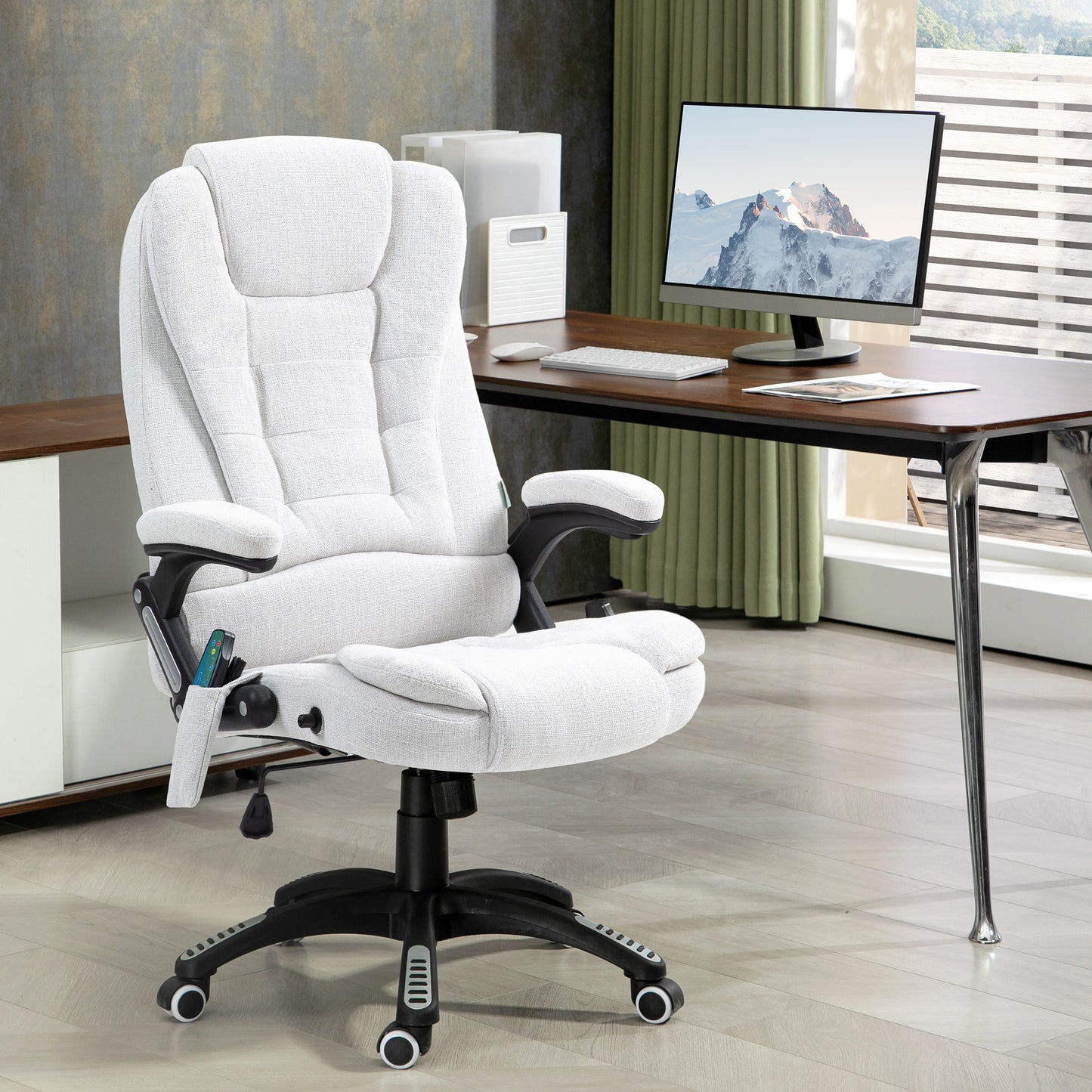 Vinsetto Massage Recliner Chair Heated Office Chair With Six Massage Points Linen-Feel Fabric 360° Swivel Wheels Cream White