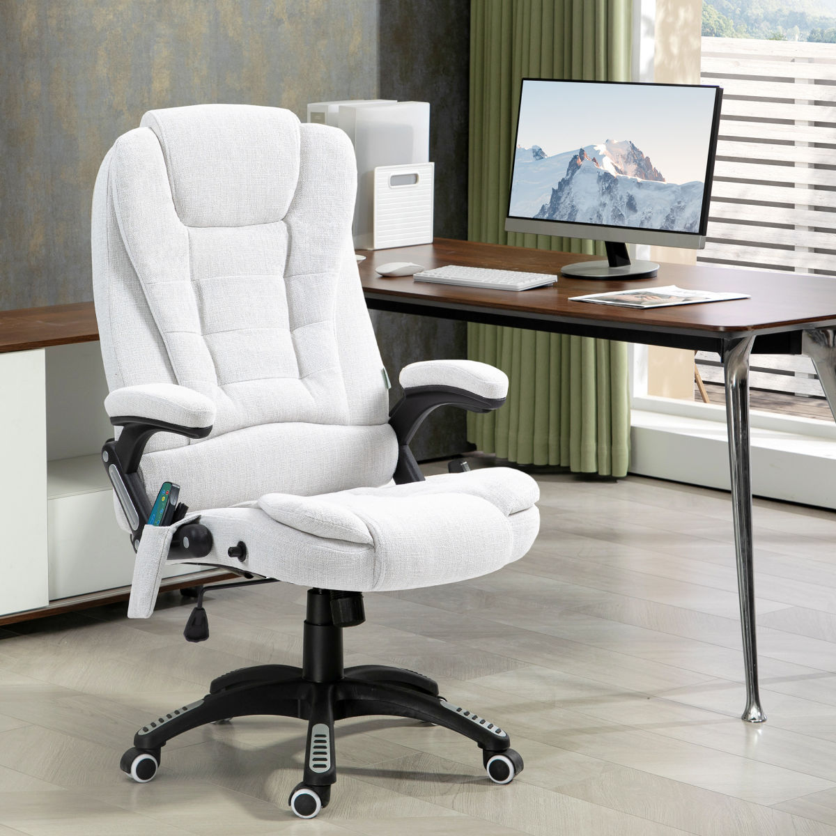 Vinsetto Massage Recliner Chair Heated Office Chair With Six Massage Points Linen-Feel Fabric 360° Swivel Wheels Cream White