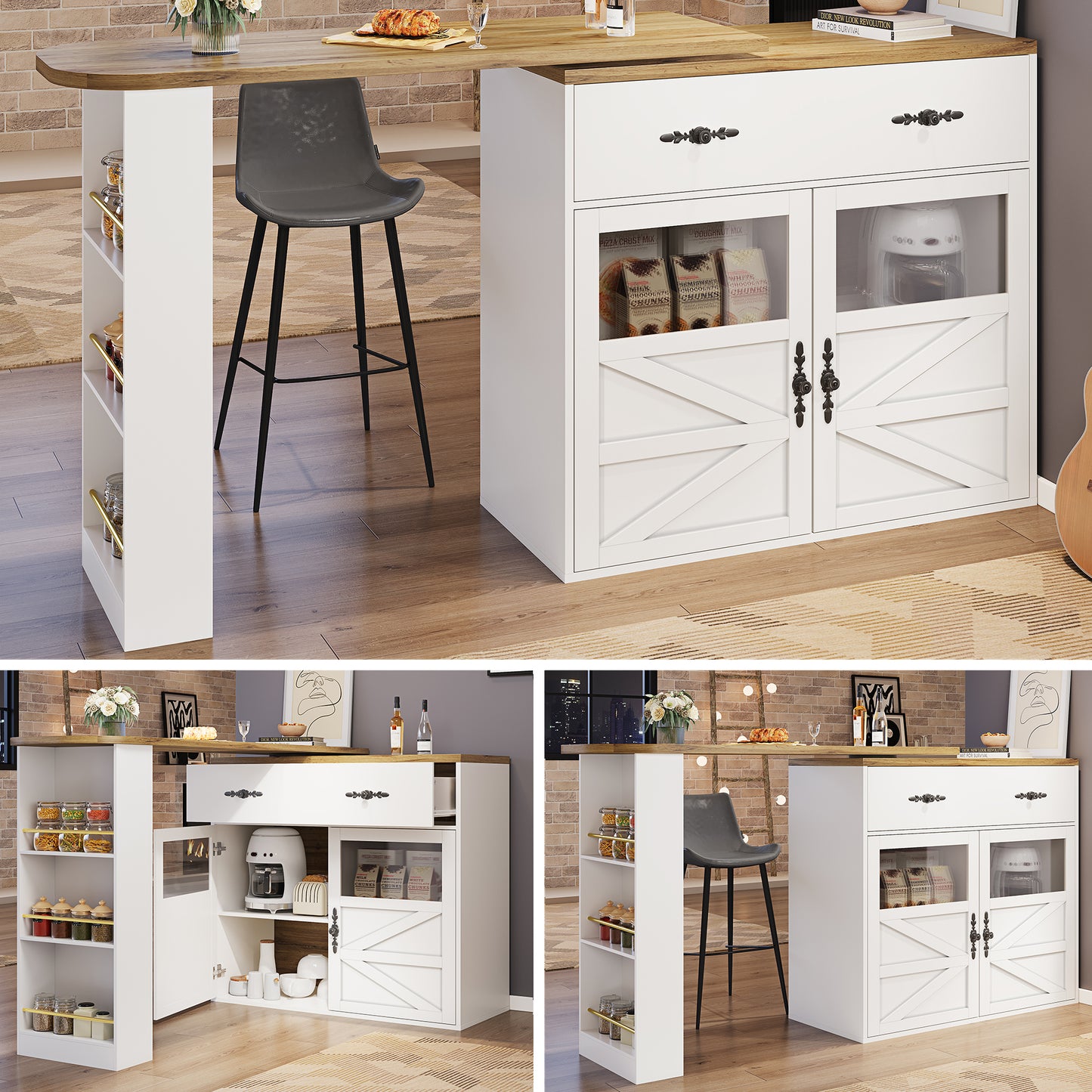 Extendable Bar Table With Storage  138-204x39x104cm , 360 Rotatable Edible,Modern Movable Bar Table,High Table Kitchen Island Bistro Table, Sideboard Cabinet With Shelves, White