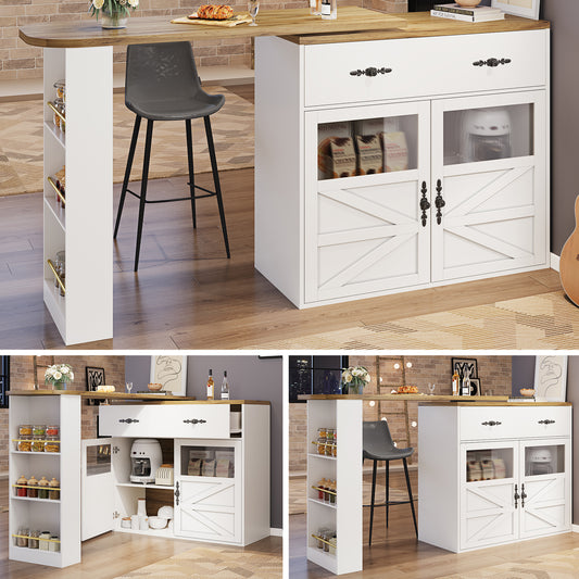 Extendable Bar Table With Storage  138-204x39x104cm , 360 Rotatable Edible,Modern Movable Bar Table,High Table Kitchen Island Bistro Table, Sideboard Cabinet With Shelves, White