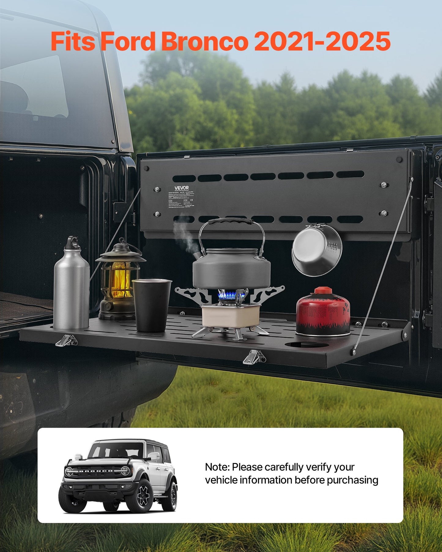 Tailgate Table, For 2021-2025 Ford Bronco, 88 Lbs Load Capacity, Carbon Steel Foldable Molle Panel Drop Down Table, Rear Door Cargo Storage Rack Shelf Luggage Holder Carrier Camping Accessories