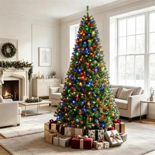 8 FT Pre-Lit Artificial Christmas Tree With 600 Dual Color LED Lights, 1605Branch Tips Hinged PVC Xmas Tree With Remote Timer 9 Lighting Modes Foldable Metal Stand For Indoor Holiday Decor