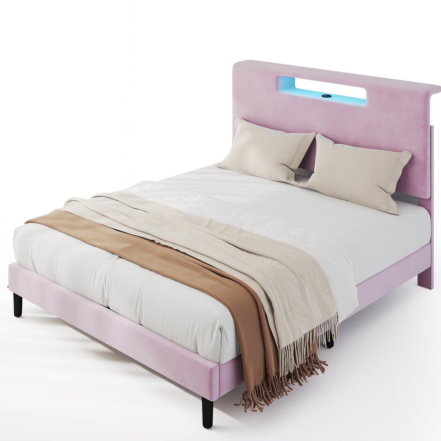 Queen Size Upholstered Bed Frame With High Headboard Adjustable LED Lights Charging Port Wood Slat Support Platform Bed Frame Noiseless No Box Spring Needed Easy Assembly