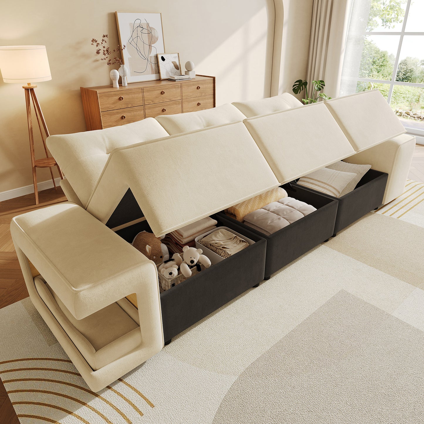 Modern Modular 3-seater Sofa With Wide Armrests, Cloud Sofa, Integrated Storage, Upholstered Pet Area, With Two Cushions - Ideal For Living Rooms And Apartments, Beige