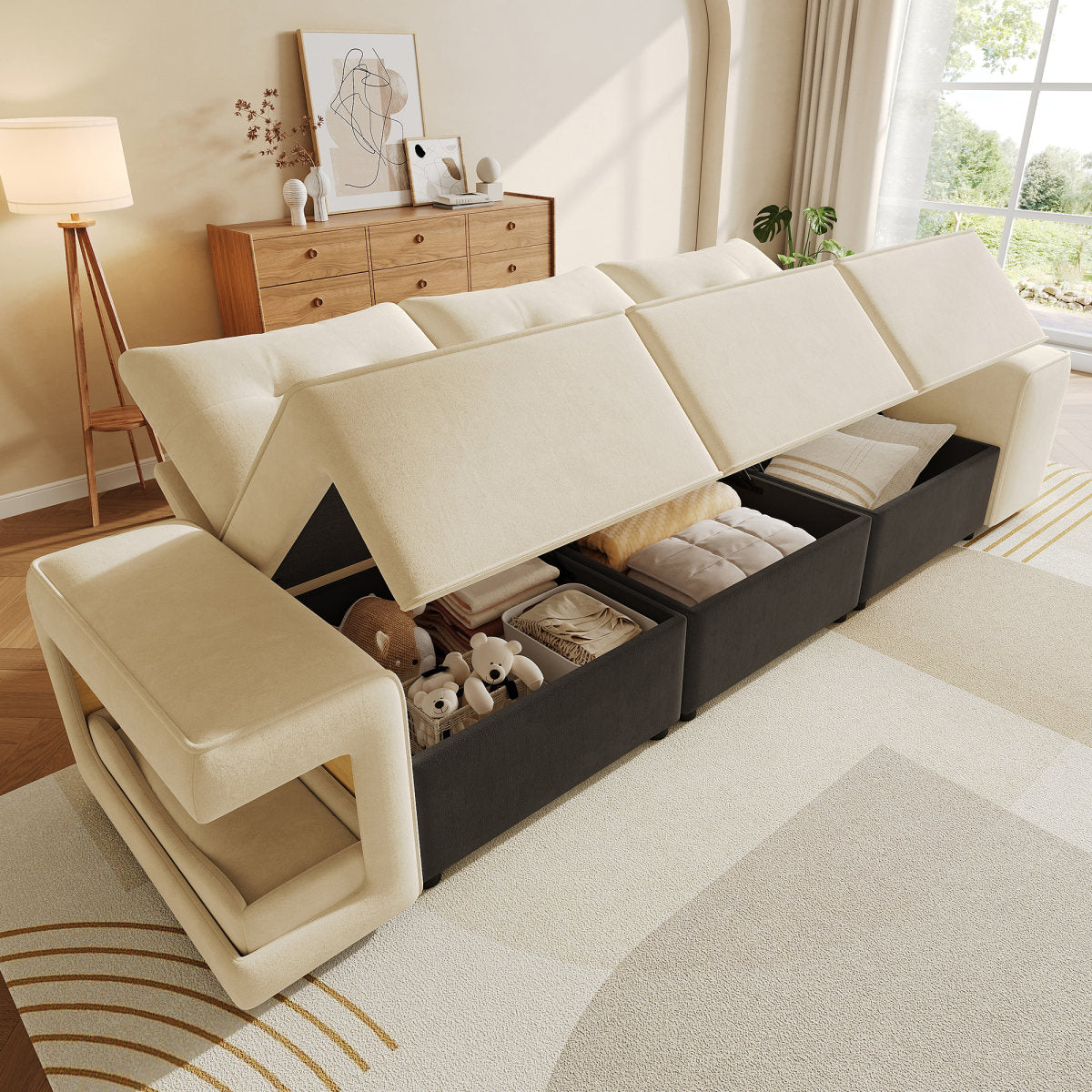 Modern Modular 3-seater Sofa With Wide Armrests, Cloud Sofa, Integrated Storage, Upholstered Pet Area, With Two Cushions - Ideal For Living Rooms And Apartments, Beige