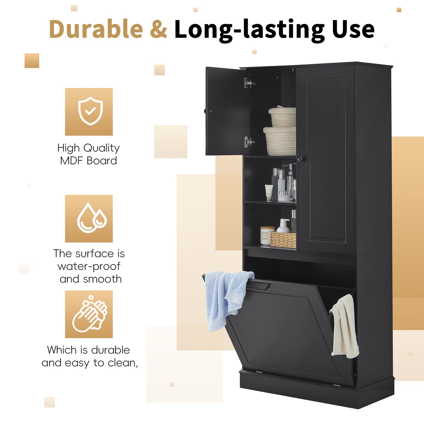 Tall Storage Cabinet With Adjustable Shelves, Large Flip-Out Basket & Enclosed Cabinets -  Perfect For Bathroom, Living Room, Or Office, MDF Material With Aluminum Alloy Handles