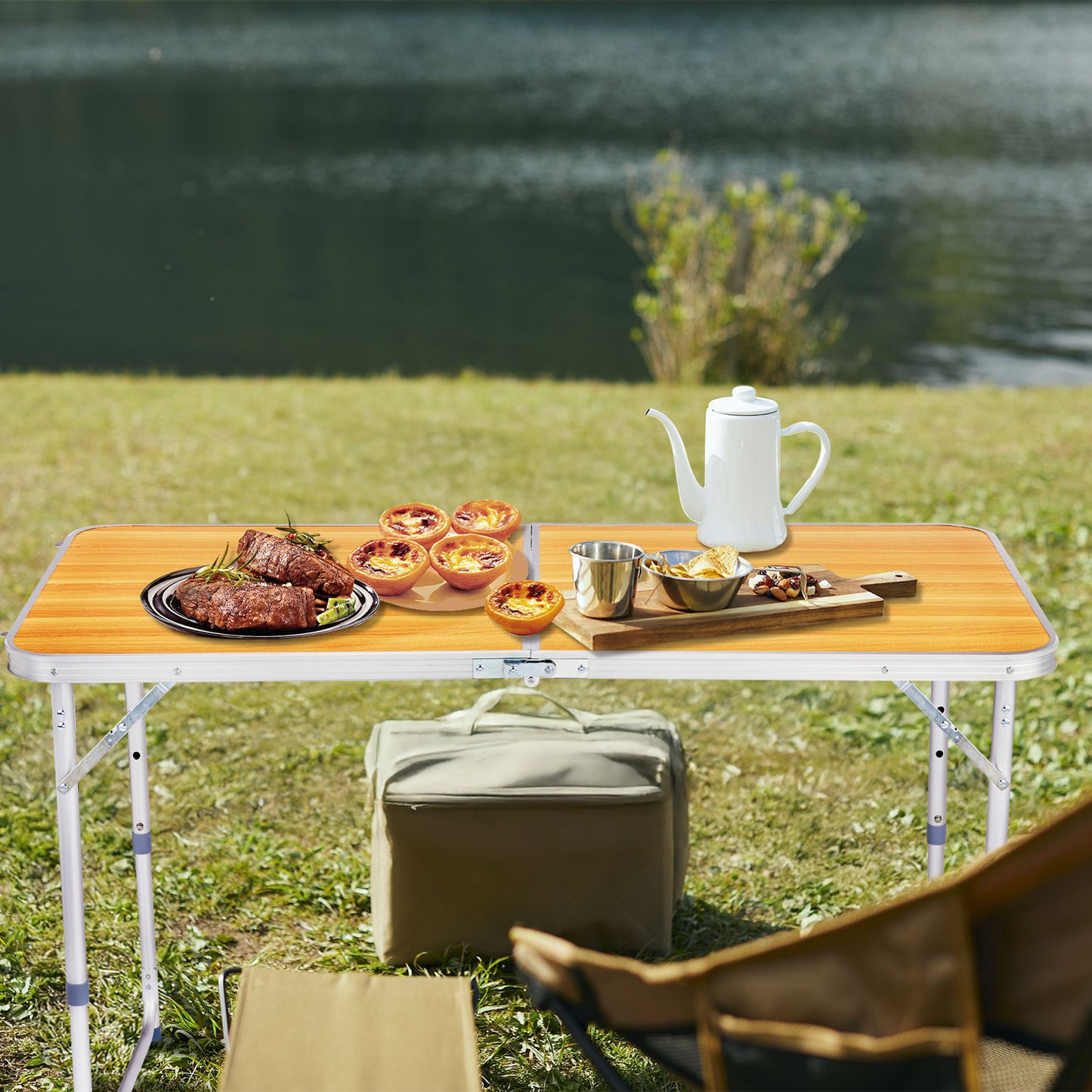 4FT Adjustable Height Folding Table, 120-60cm Portable Aluminum Foldable Camping Table Wood Grain Utility Table For Picnic BBQ Party Indoor Outdoor