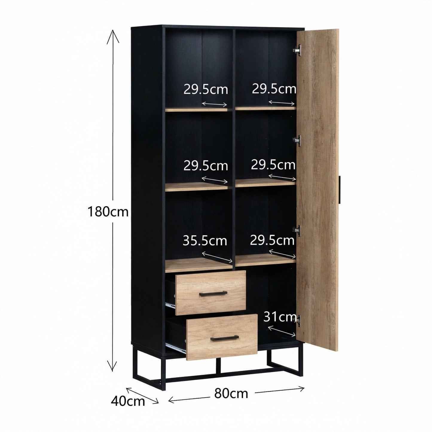 Modern Highboard Cabinet 80x40x180 Cm   Wood Look With Black Frame, With Door, 2 Drawers & 3 Open Compartments  Versatile Storage Space For Living Room, Office & Hallway