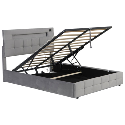 4ft6 Double Upholstered Bed Frame With Hydraulic Storage, Velvet Ottoman Bed With LED Lighting And Charging Station, Double Bed With Adjustable Button Tufted Headboard, Beige