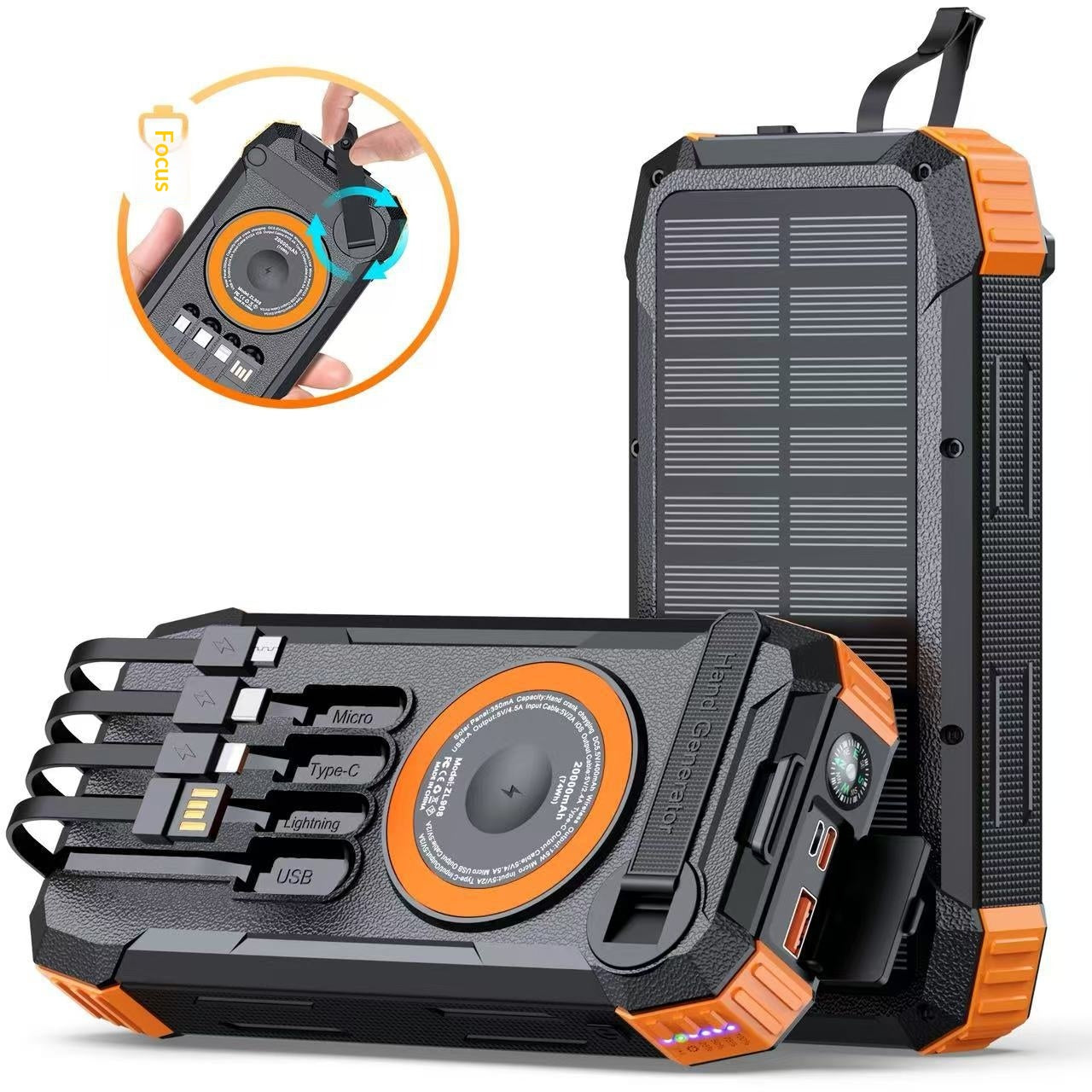 Solar-powered Power Bank With Four Built-in Outdoor Charging Cables