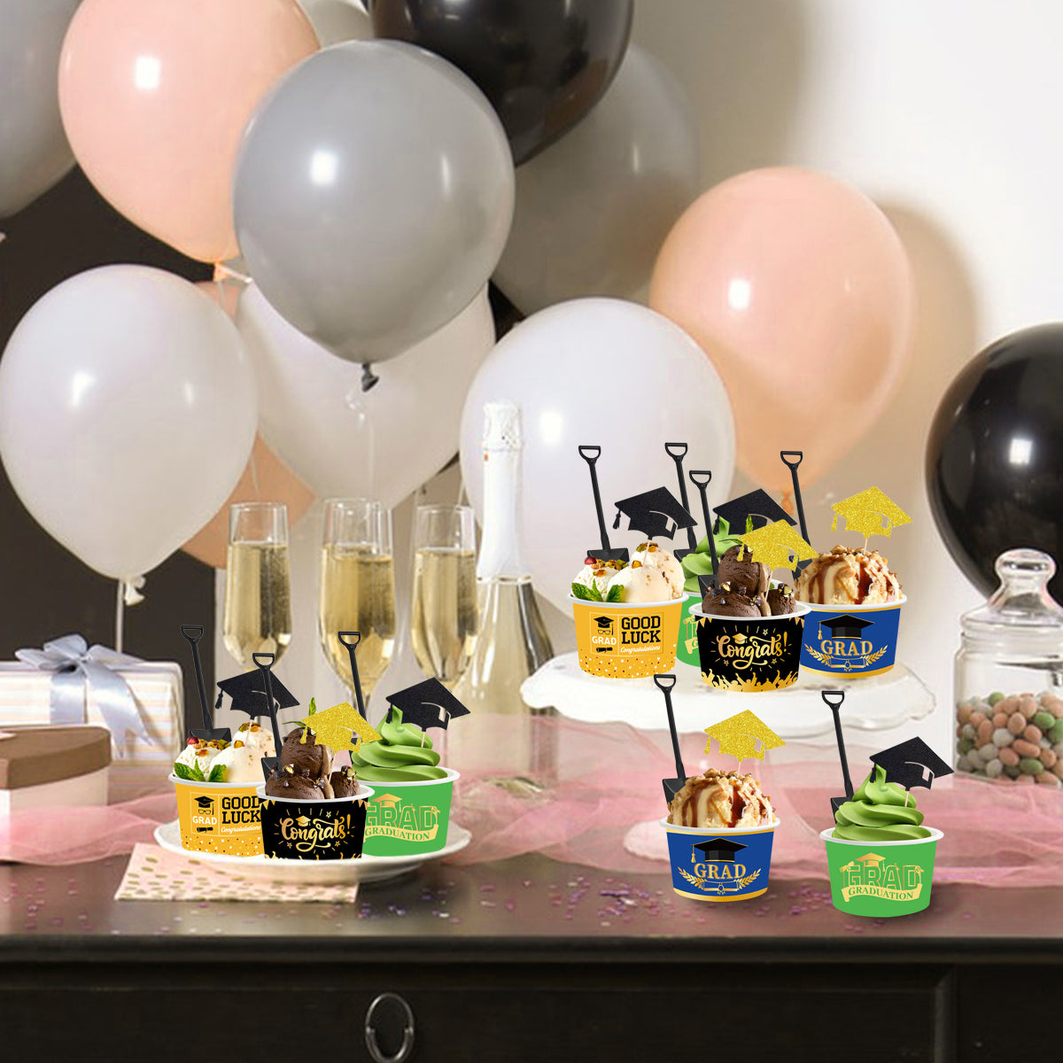 24Pieces Graduation Ice Cream Cups With Decorative Picks And Spoons Set Congrats Grad Disposable Dessert Bowls For Hot Or Cold Food 8 Oz Graduation Party Favor Paper Food Containers For Sundae Snack F