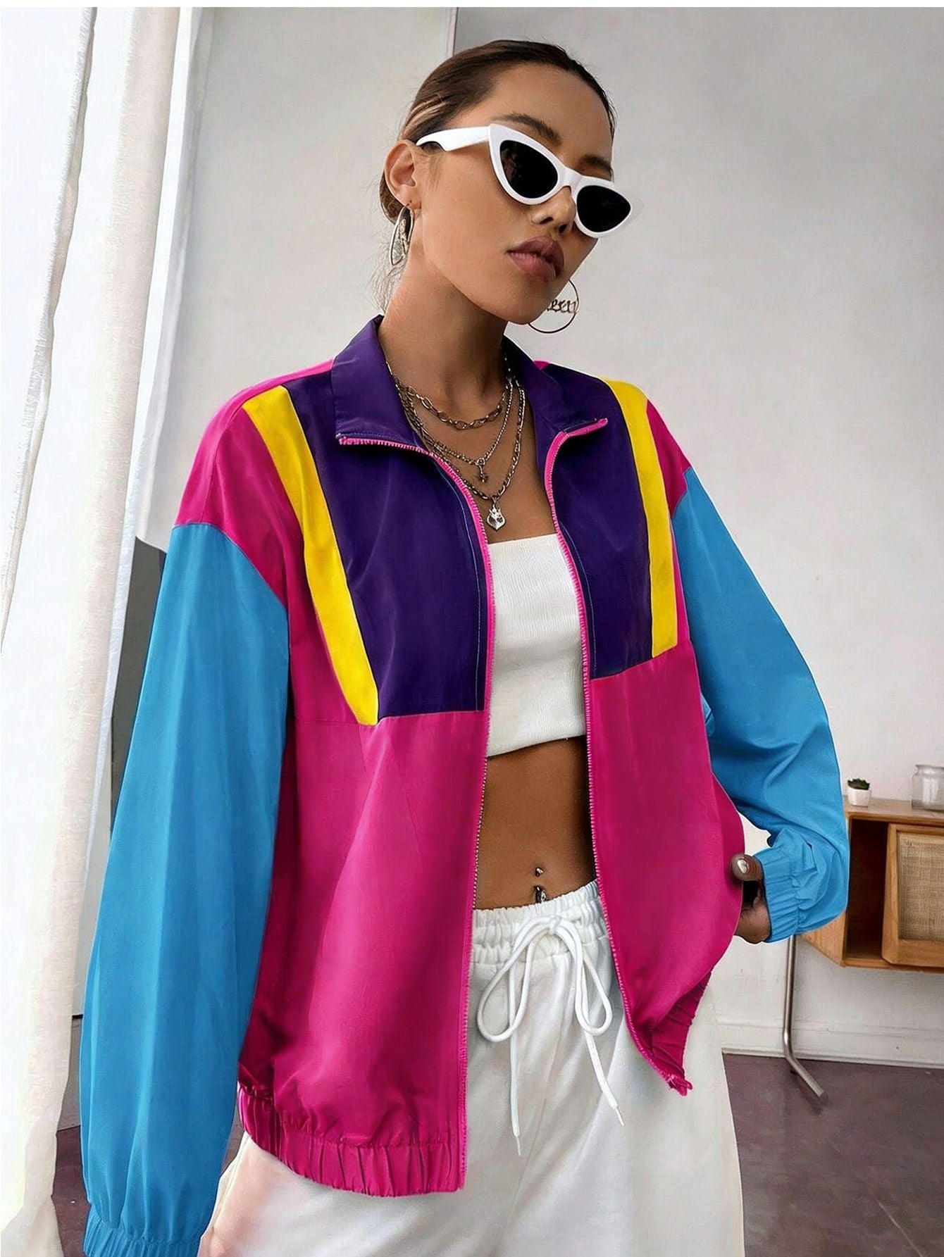 New Summer Casual Color-block Patchwork Zip-up Jacket For Women