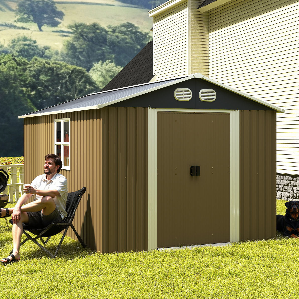 Campcraft 8x12 FT Outdoor Metal Storage Shed, Large Storage Sheds With Sturdy Frame Structure, Metal Garden Tool Shed With Lockable Door For Garden, Lawn, Backyard, Brown