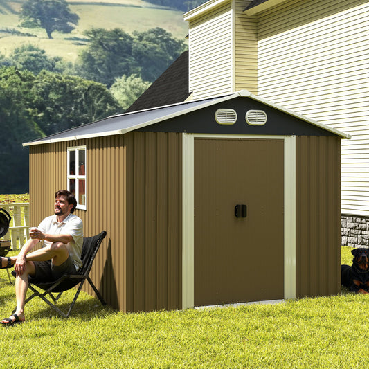 Campcraft 8x12 FT Outdoor Metal Storage Shed, Large Storage Sheds With Sturdy Frame Structure, Metal Garden Tool Shed With Lockable Door For Garden, Lawn, Backyard, Brown
