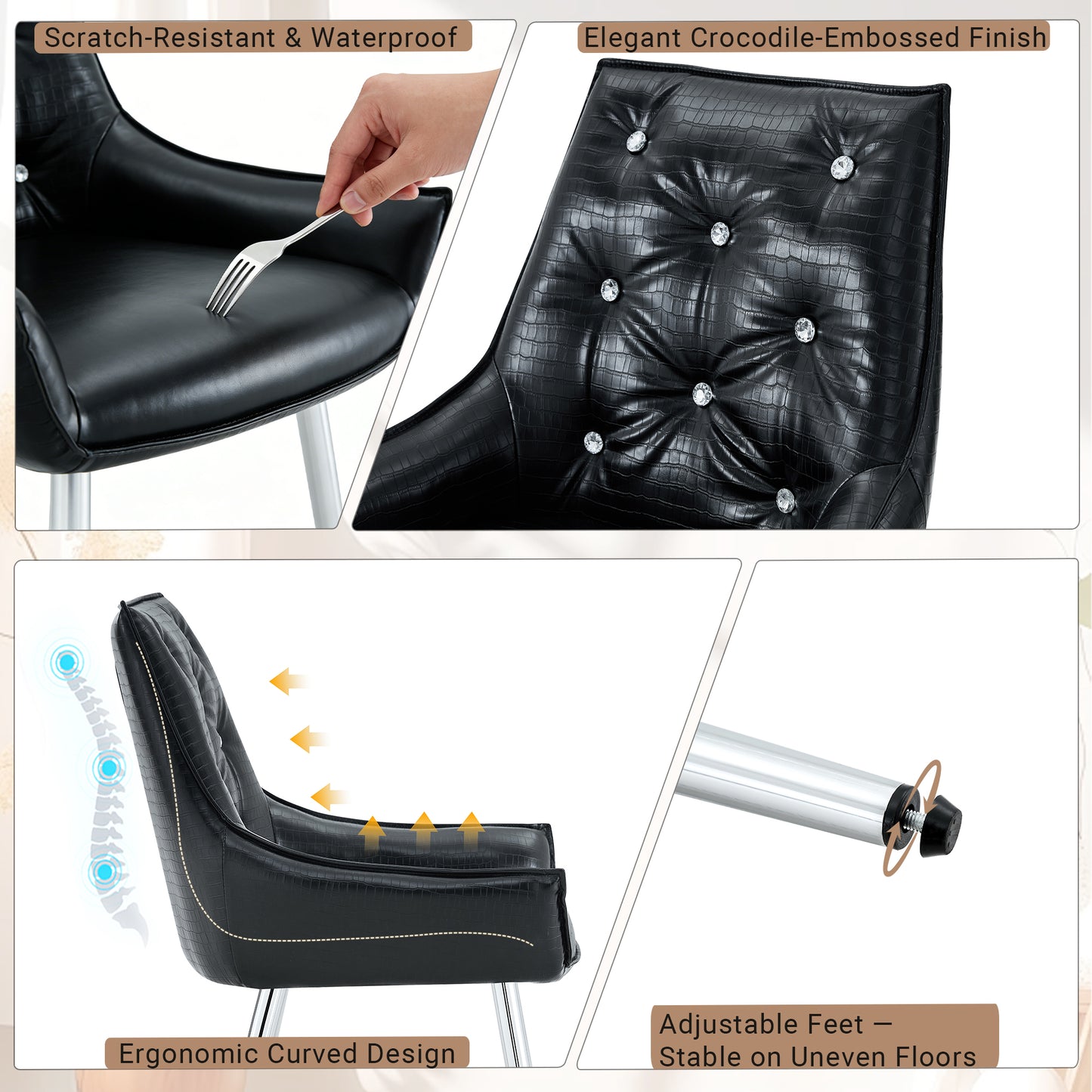 Pattern Premium PU Leather Accent Chair, Diamond Decor Backrest, Chrome Silver Metal Legs & High-Resilience Sponge Cushion - Versatile For Office, Dining Room & Living Room  Black, Set Of 2