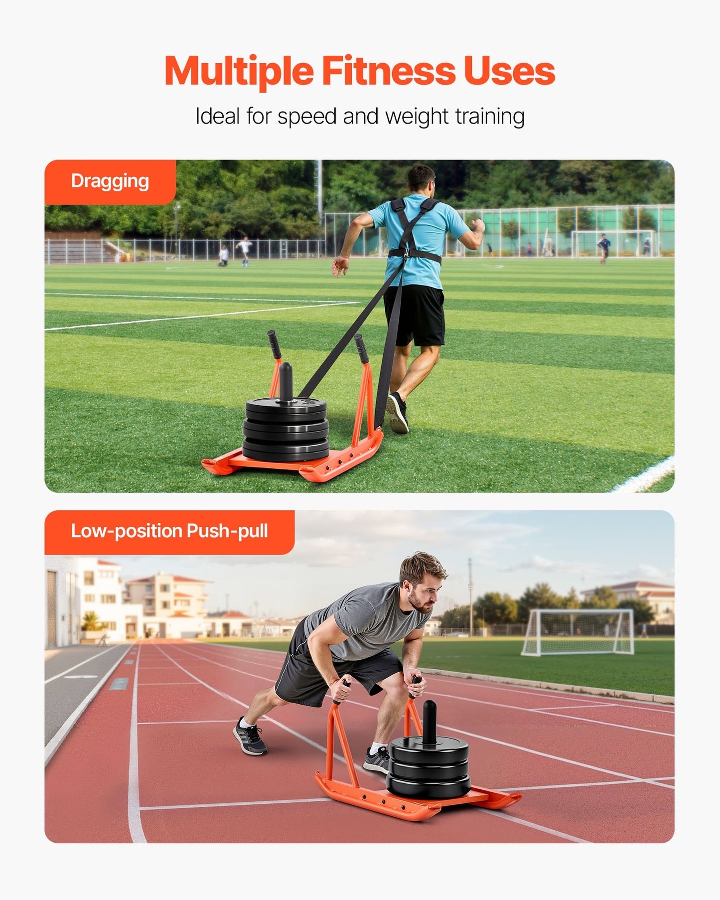 Weight Sled, Steel Power Sled, Fitness Strength Training Sleds For Athletic Exercise Speed Improvement, Workout Fitness Equipment With Handle, Compatible With 1/2 In Weight Plates, Orange