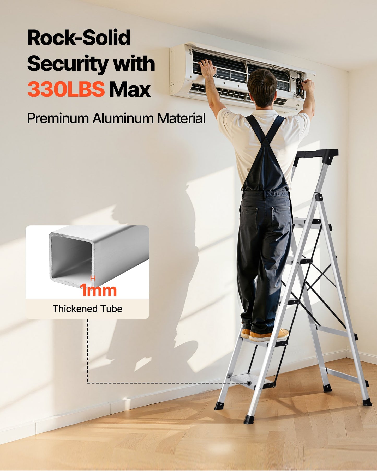 5 Step Ladder, Folding Step Stool With Wide Anti-Slip Pedal And Comfort Handgrip, 330 Lbs Capacity Portable Aluminum Stepladder, Multi-Use For Kitchen, Warehouse, Household And Office, Silver